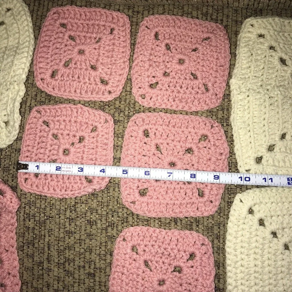 9 Granny‎ Squares Blocks Crochet Pink Cream Color Lot Afghans Bags Hat for Throw